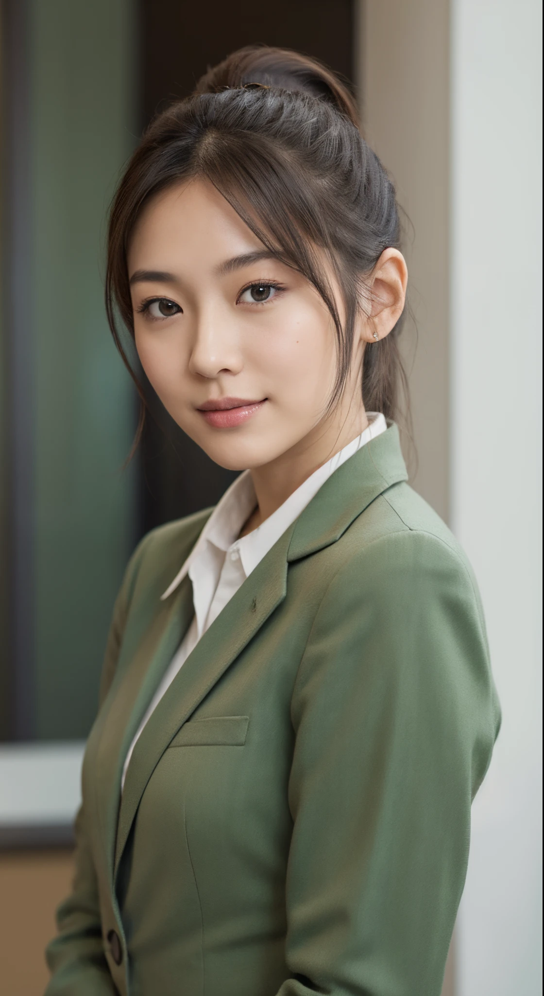 High Resolution, UHD, Anatomically correct, Depth of field, Lower angle shoot, Textured skin, 25 years old Japanese woman, Brown Short ponytail hair, Light smile, mole under eye, White skin, Dark green office suit, Standing pose.