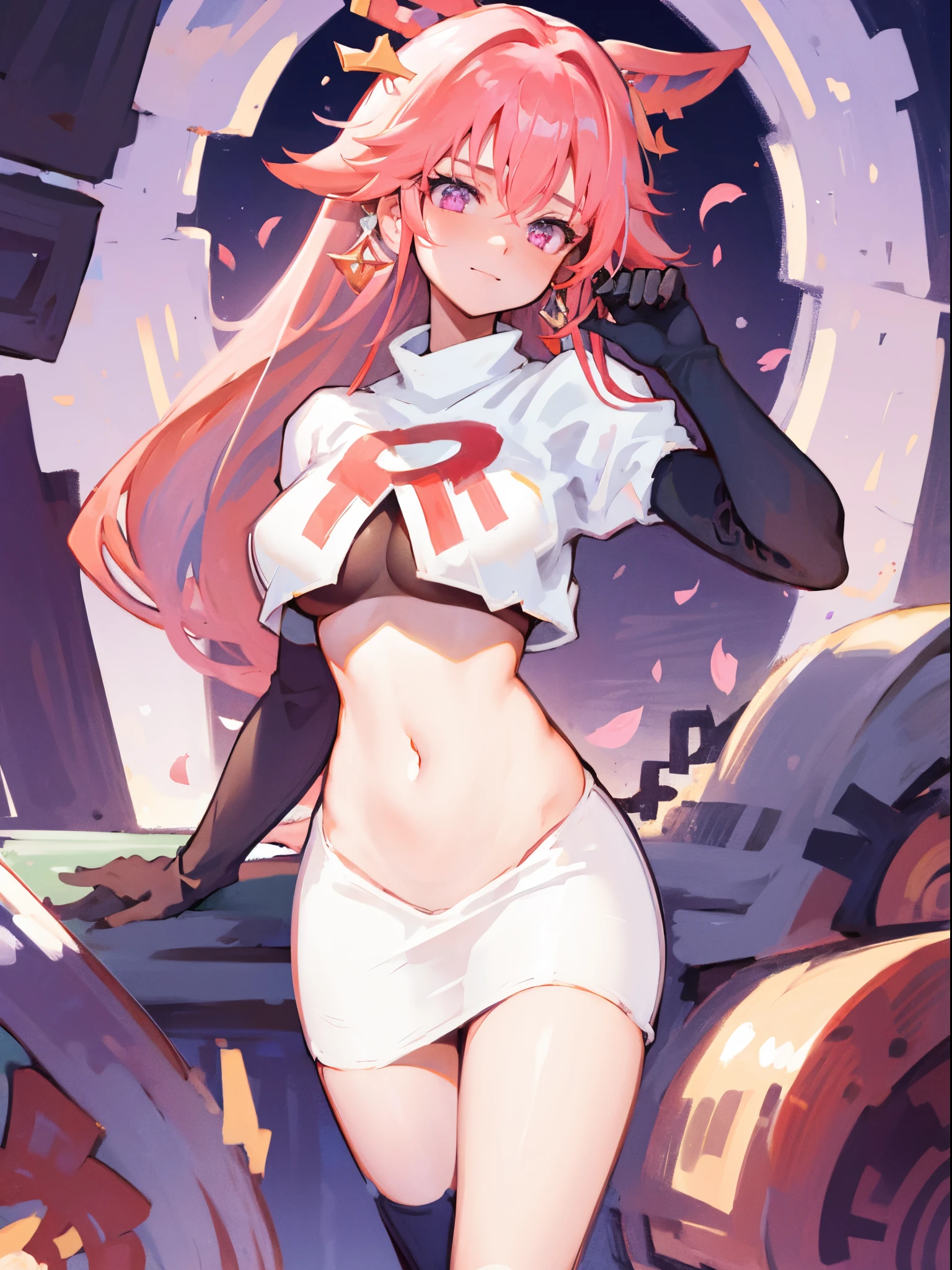 yae miko, 1girl, \n/, animal ears, breasts, earrings, flower, fox ears, gem, hair between eyes, hair ornament, jewelry, long hair, medium breasts, miko, pink eyes, pink flower, pink hair, purple gemstone, sidelocks, team rocket,team rocket uniform,white skirt,crop top,black thigh-high boots,black elbow gloves,