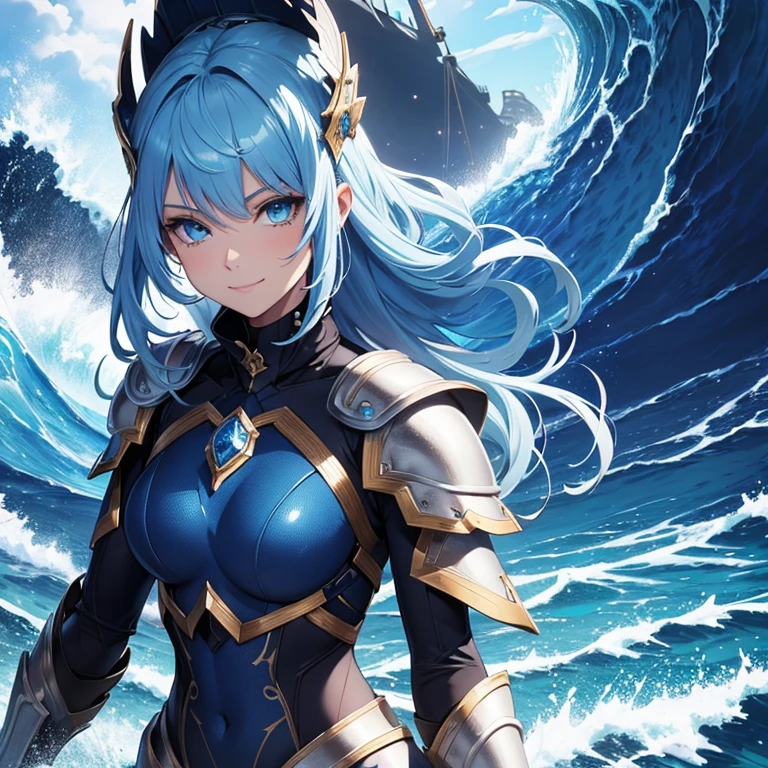 Master piece, 8k, ultra detailed, Blue armor, sapphire encrusted, light blue hair, navy blue eyes, smiley face, ocean waves background
