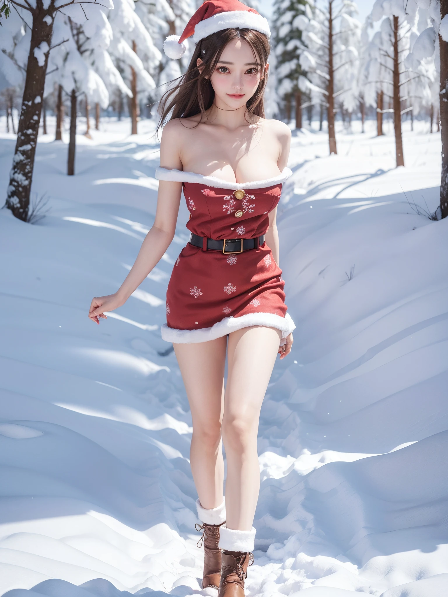 (full body:1.2), (detailed face:1.3), (detailed eyes:1.3), (detailed hand:1.3), (anatomy correct:1.3), natural skin texture, (detailed finger:1.2), skin gloss, (1 girl:1.4), tall girl, (santa Claus clothes:1.3), open shoulder, (big breast:1.2), christmas tree, christmas theme, skirt, (perfect thigh:1.3), slim thigh, perfect thigh, white pantyhose, (walking in the winter forest), snow on body, masterpiece, best quality, structurally correct, high detail, seductive, smile
