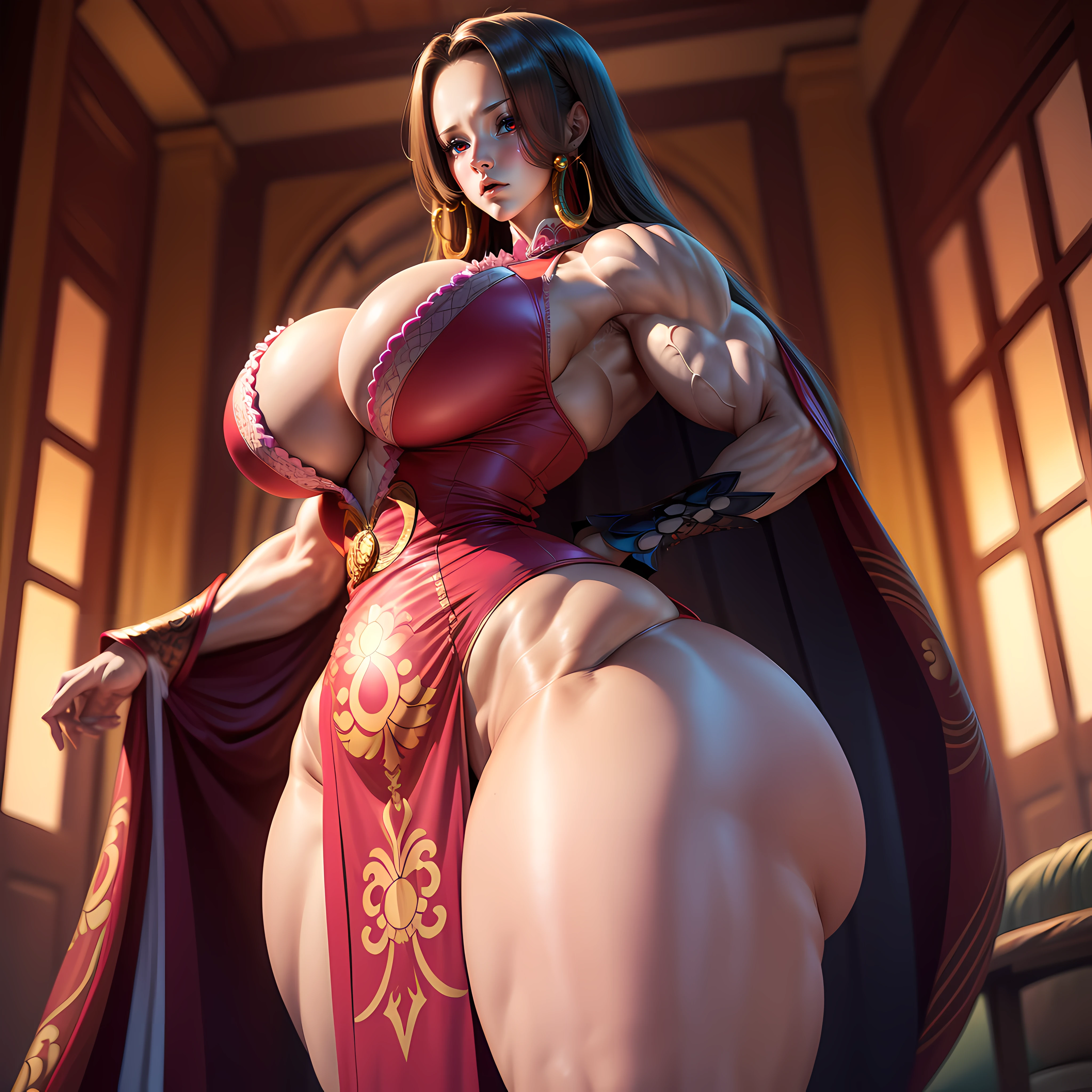 (masterpiece, best quality, ultra high res, beautiful detailed hair detailed face, perfect feminine face, beautiful detailed clothes), 1girl, solo, boa hancock, one piece series, (gigantic breasts, huge cleavage, wide hips, thick thighs, hourglass figure, enormous), (((huge muscles)))