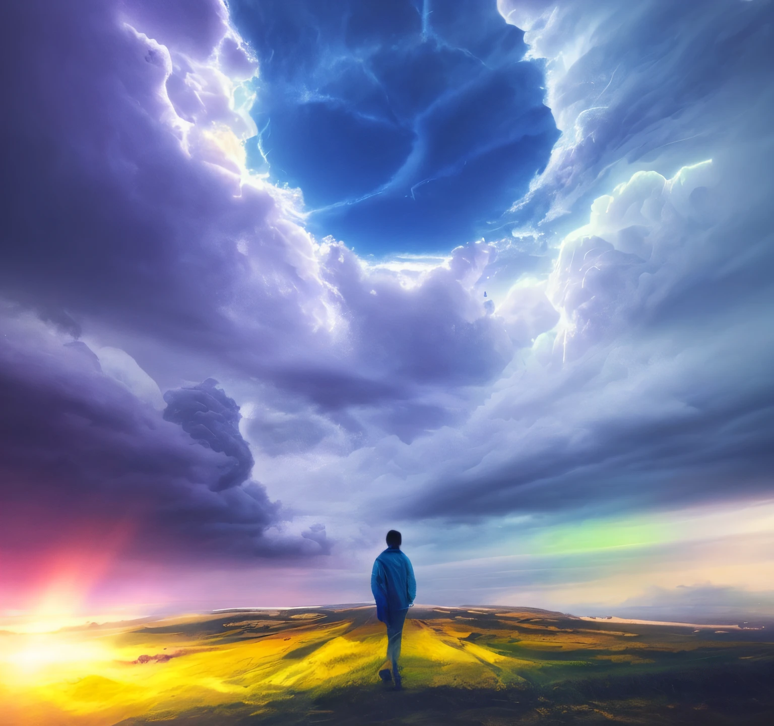 a man standing in the middle of a road IN THE SKY with a bright light coming out of the clouds, olhando para cima, dramatic lights spiritual scene, com pano de fundo de raios de deus, glowing halo above his head, Getting to Heaven, deus raios solares, heaven background, epic clouds and godlike lighting, heaven planet in background, she approaching the sky, cercado de nuvens e luz, Sky illumination, cores vibrantes, muitas cores, raios e luz