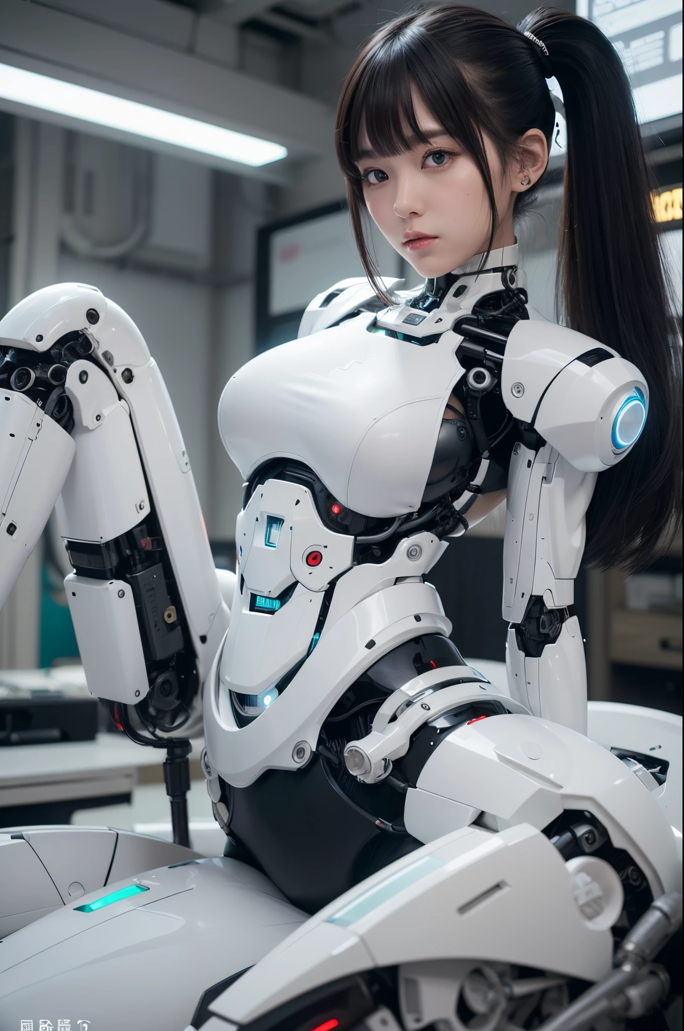 (photorealistic:1.4), (RAW photo)masutepiece, Best Quality, Extremely detailed, (Photorealistic:1.4), (8K, 4K, Best Quality, hight resolution, 超A high resolution:1.1), 8K portrait,1girl in, Japaese android gid,Plump , announcer,control panels,android,Droid,Mechanical Hand, ,Robot arms and legs, Black hair,Mechanical body,Blunt bangs,White Robotics Parts,perfect robot woman,Charging spot,Long Tube,A thick cable was connected to her neck,ceramic body ,Mechanical body, mechanical ear covers,android,robot humanoid,a bit chubby,panty,full eyes,perfect mechanical body,white robotics body,future laboratory,android factory,mechanical ear cover,white and aqua uniform,costume with aqua accents,