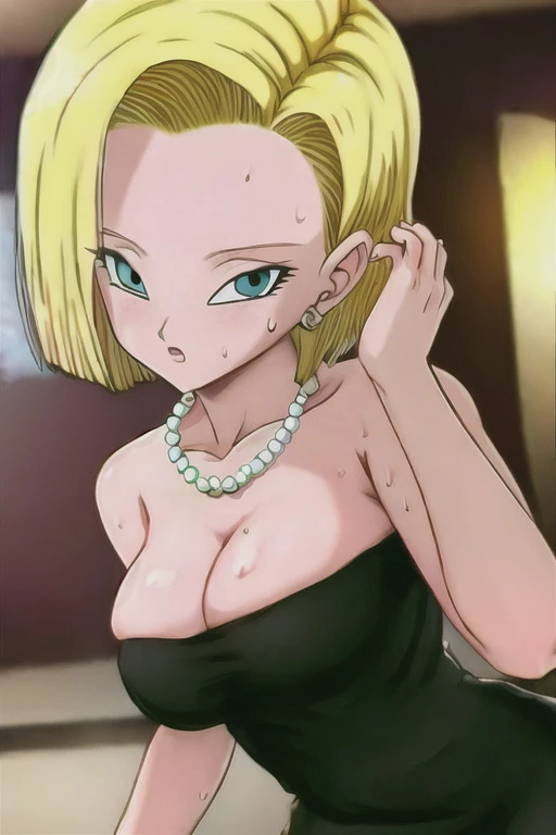 Android 18, standing, portrait, sexy dress, cleavage, standing, masterpiece, best quality, solo, looking at viewer, upper body, standing, blonde hair, short hair, bob hair, mature female, medium breasts, sexy, hot, mini dress, black dress, strapless, sweating, sagging, 1 girl, solo, masterpiece, high quality, soft breast, lovely legs, Pearl necklace.