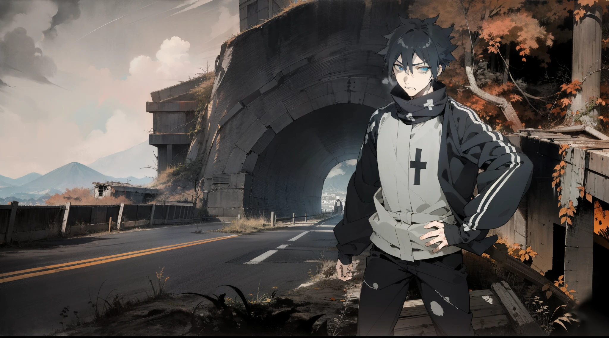manga_line_art, ((anime male character on a abandoned empty road with a tunnel)), mountains in the distant background, annoyed, ((beautiful eyes)), (beautiful hands), short dark hair, high res, ultrasharp, 8K, masterpiece, Anime Wallpaper, anime street, high resolution, abandoned road, fantasy, simple clothing, manga panel, drawing, black and white, creepy, stylized, anime style, manga style