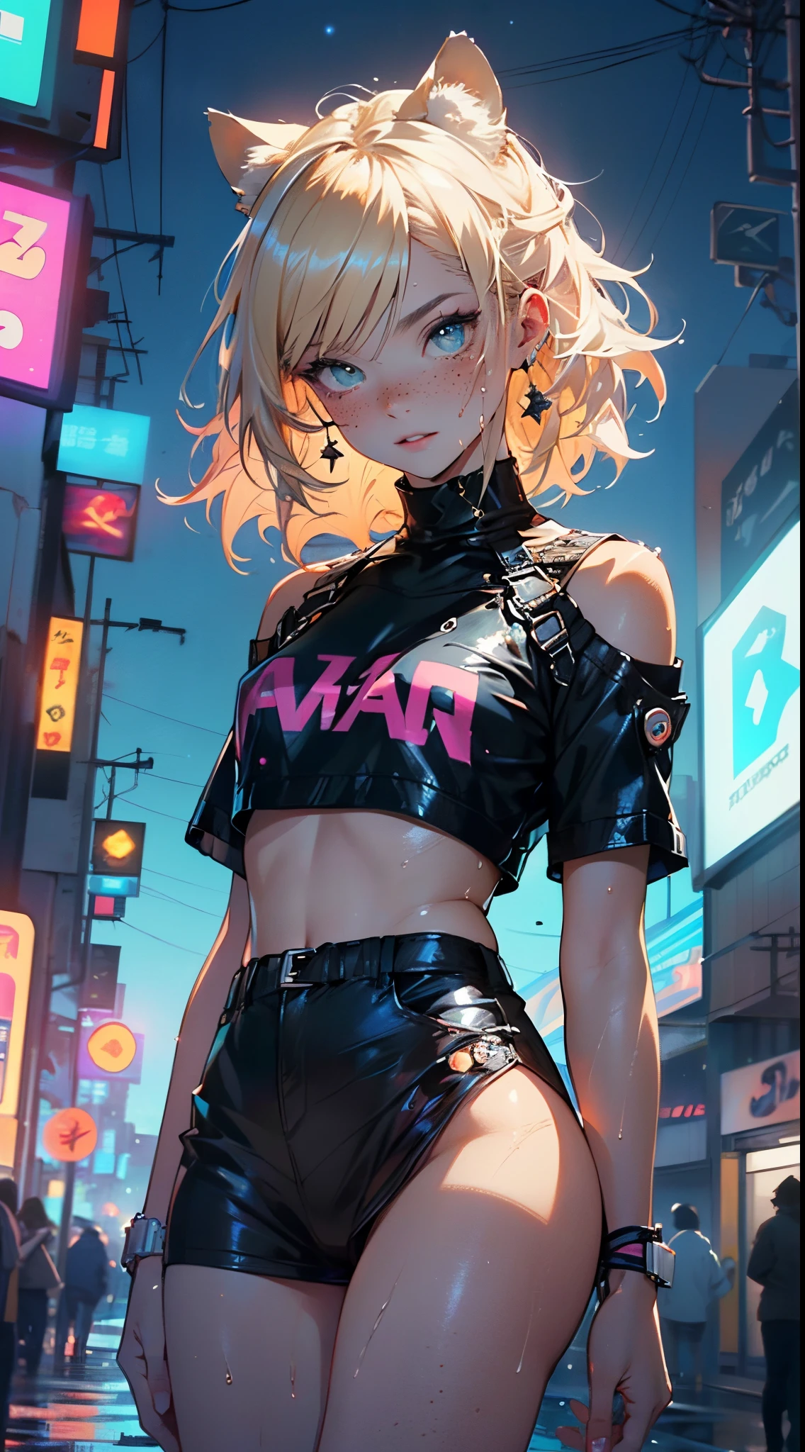 cute little cat loli,(((little loli,small tiny body,petite, chibi))),(((6 ))),((little cat loli with extremely cute and beautiful blonde hair)),(((cat girl,anthro furry cute,cat-girl))),(((cat ears,cat ears on head,big cat ears))),
(((flat chest))),(((blonde hair:1.35,messy blonde hair,colored inner hair,ear breathing,))),((heterochromia:1.5, (orange_eye and yellow_eye))),intricate eyes,beautiful detailed eyes,symmetrical eyes,big eyes:1.5,(((freckles on the face,freckles,freckled girl))),(((lustrous skin:1.5,bright skin: 1.5,skin tanned,shiny skin,very shiny skin,shiny body,plastic glitter skin,exaggerated shiny skin,illuminated skin,wet legs))),(detailed body,(detailed face)),
cute,slutty,erotic,(((nsfw))),
zettai ryouiki,revealing clothing,show skin,((rave shirt,neon shirt,rave mini-skirt,visible thong straps)),((underpants strap)),(wearing a rave outfit:1.3,rave clothes,semi-naked,with little clothing),((wet clothes,intricate outfit,intricate clothes)),
(dynamic pose:1.0),embarrassed,(centered,scale to fit dimensions,Rule of thirds),
cyberpunk city by the ocean at night, with bright neon signs and dark stormy clouds and puddles, scenery:1.25,nighttime, starry night, cosmos,Very dark night that makes the neon lights stand out, very bright neon lights,nighttime, starry night, cosmos,
artistic photography,(photography taken by sldr),highres, sharp focus, (ultra detailed, extremely detailed), (photorealistic artwork:1.37),(extremely detailed CG unity 8k wallpaper),((synthwave background theme)),(((vibrant colors))),(intricate background),(masterpiece),(best quality)