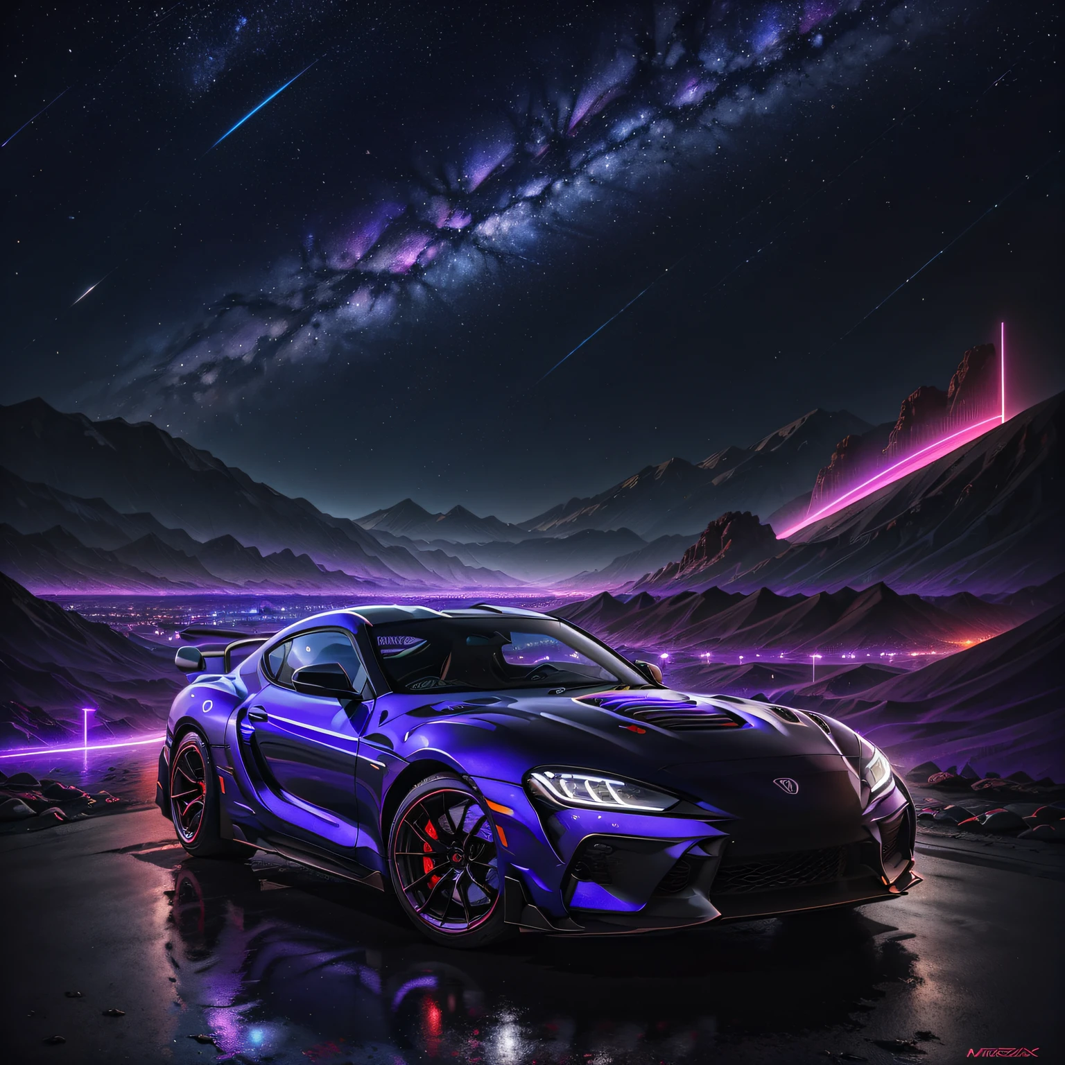 2024 GR Supra GT4, Ouarzazate background, retrowave, purple neon lights, Morocco, Atlas mountains, stars, (masterpiece, detailed, highres)