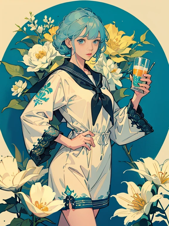 Create award-winning work, Highly detailed vector illustration of comic style wallpaper，Lots of turquoise and creamy flowers, decorated with intricate leaves.a sailor suit、beautiful a girl、high quality eyes、holding a machine gun