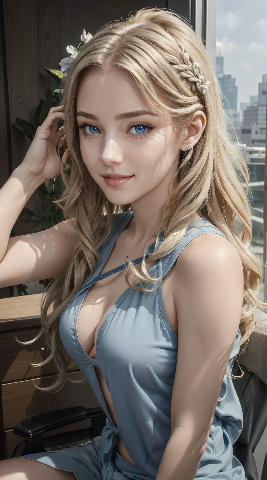 25-year-old Caucasian woman、bionde、blue eyess、Longhaire、I use a hair band to tie my hair together、a smile、