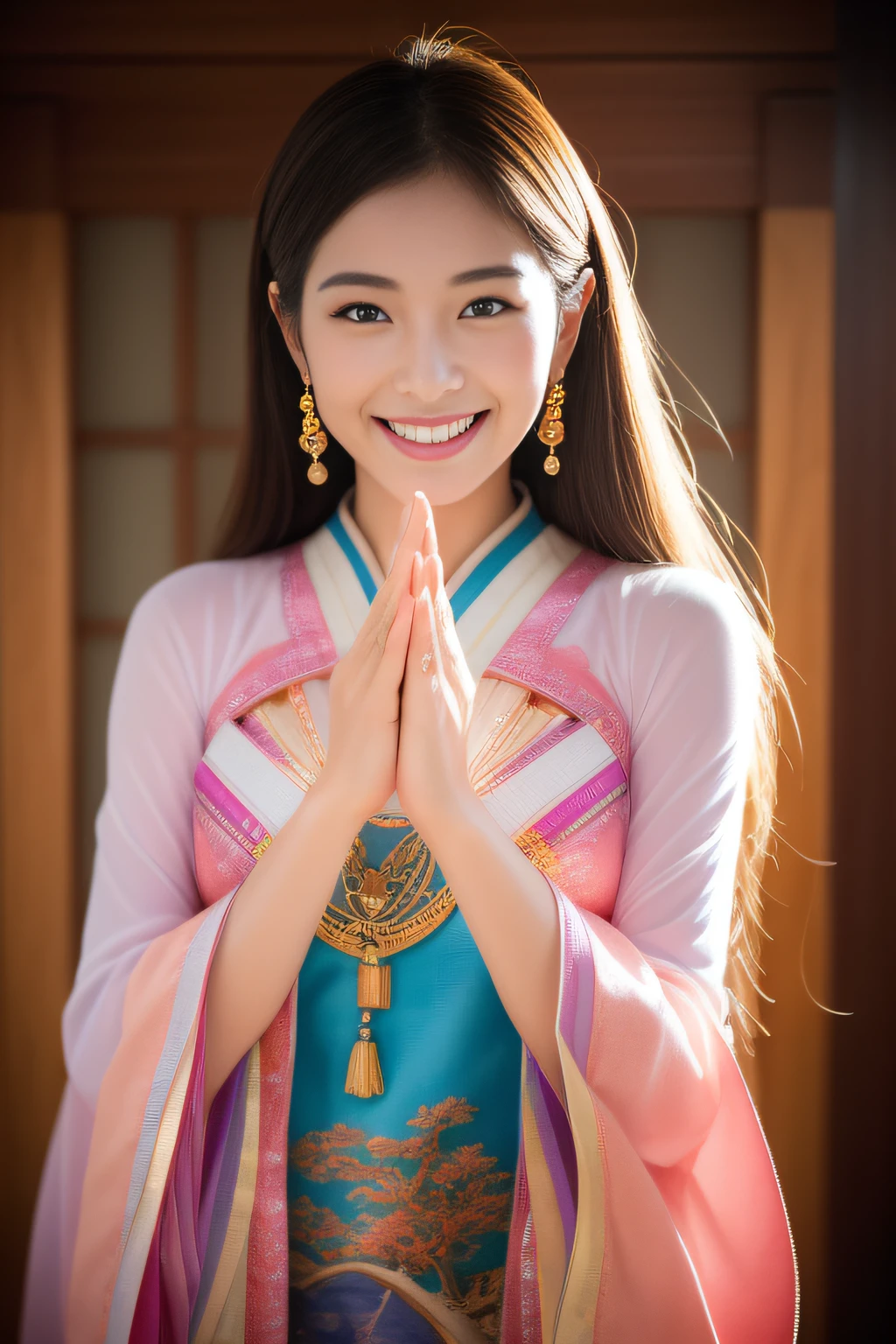 (great masterpiece、high-level image quality、hightquality),Women in Japan、charm of:1.2、Aura Glow:1.5))、Beauty with great and spiritual unity、Japanese beauty、beauty of elegance、(Supreme Beauty)、(The best smile)、Professional filming、Gravure photography、(aura:1.5,The Energy of the Great Spirit)、((((Worldview and God's image'Areas of))))、