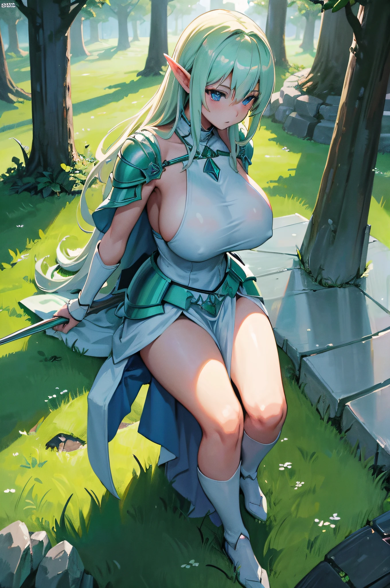 4K,hight resolution,One Woman,a blond,Longhaire,Blue eyes,Colossal tits,elvish,green and white sacred armor,Excalibur,sacred place