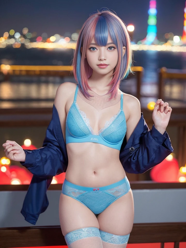 girl in 1, A smile, (((smallunderboob))), (((bokeh))),depth of fields, Cute face, Gaze at the viewer, masterpiece, The model took so many photos, , full-body portraits, a sexy pose, ((8K 、RAW photogr、quality、masterpiece)、High detail RAW color photos professional photos、(Realistic、photographrealistic:1.37)、(quality)、(The best shadow)、(The best illustrations)、超高分辨率、8K wallpaper unified with high-detail CG、physically-based renderingt、电影灯光)、(camel's toes)、((Thin and transparent underwear))、((Very small transparent underwear))、(lacivious pose)、(proporções perfeitas)、((Hair with colored mesh:1.2))、(Colorful colored hair:1.3)、(Bright blue eyes)、((Yacht harbor where you can enjoy the night view of Tokyo))