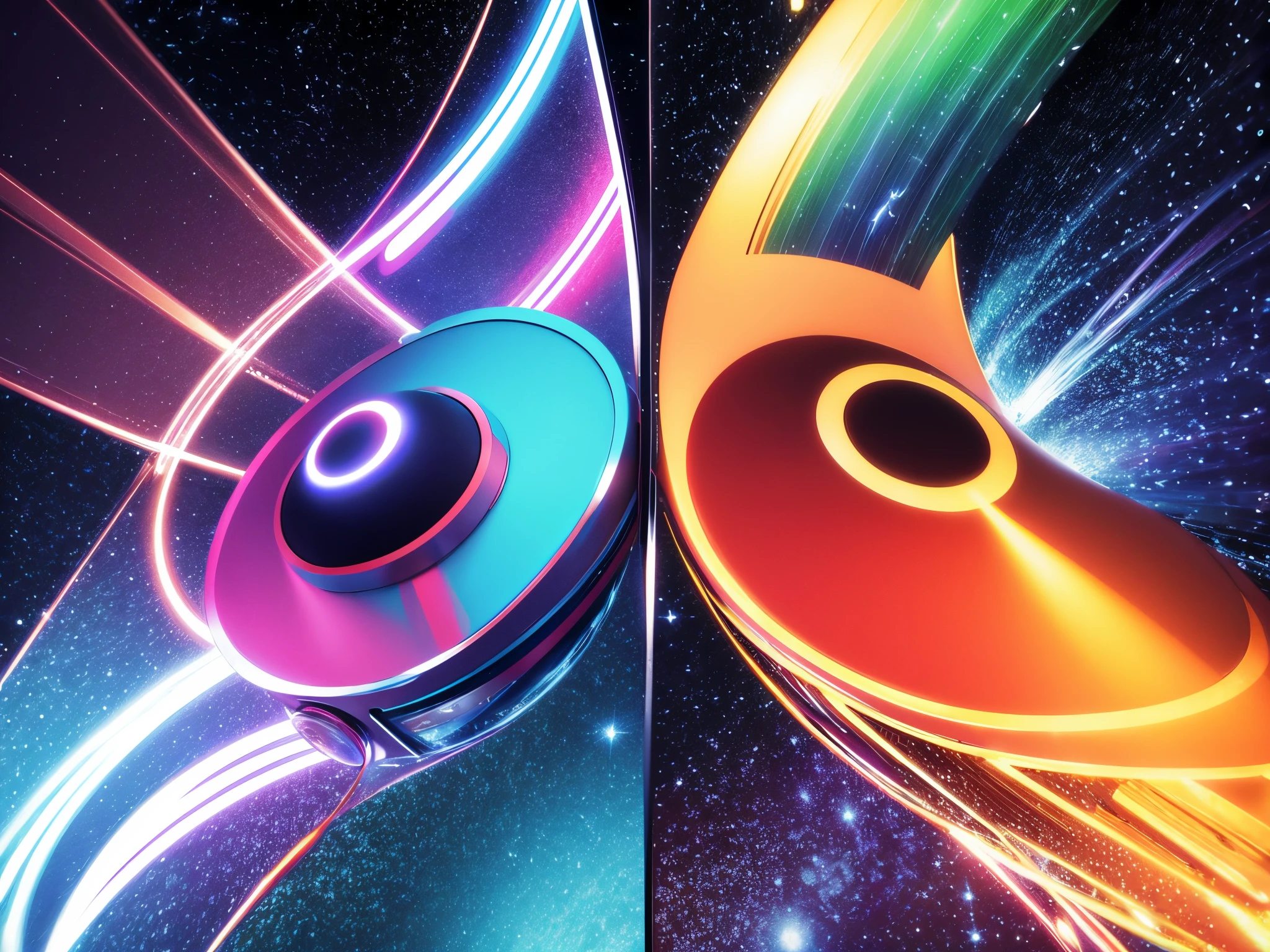 Explore a more abstract interpretation, using geometric shapes, bold colors, and a sense of cosmic energy to represent the spirit of "Star Trek: The Next Generation."