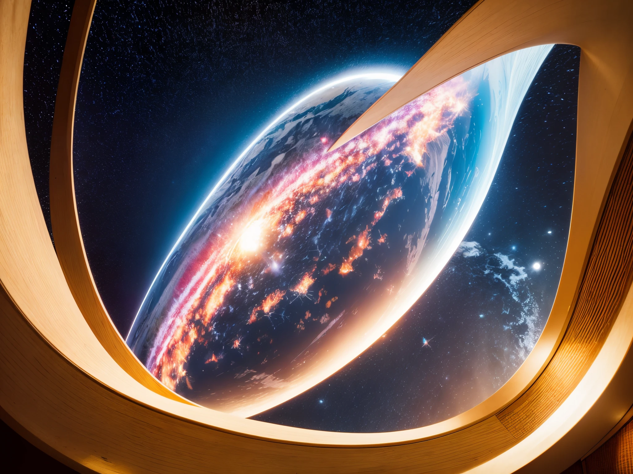 Explore a more abstract interpretation, using geometric shapes, bold colors, and a sense of cosmic energy to represent the spirit of "Star Trek: The Next Generation."