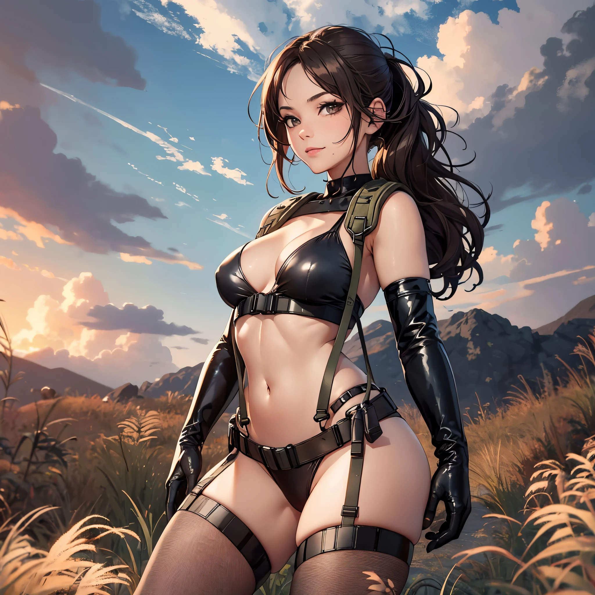 (masterpiece, best quality:1.2), quiet (metal gear), 1girl, pantyhose, torn pantyhose, solo, torn clothes, suspenders, front-tie bikini top, bikini, brown hair, swimsuit, breasts, ponytail, gloves, asymmetrical gloves, cleavage, mismatched gloves, large breasts, single elbow glove, navel, elbow gloves, long hair, lips, highleg, highleg bikini, black bikini, looking at viewer, smile, from behind, hand on own chest, outdoors, field, grass, sunset, clouds