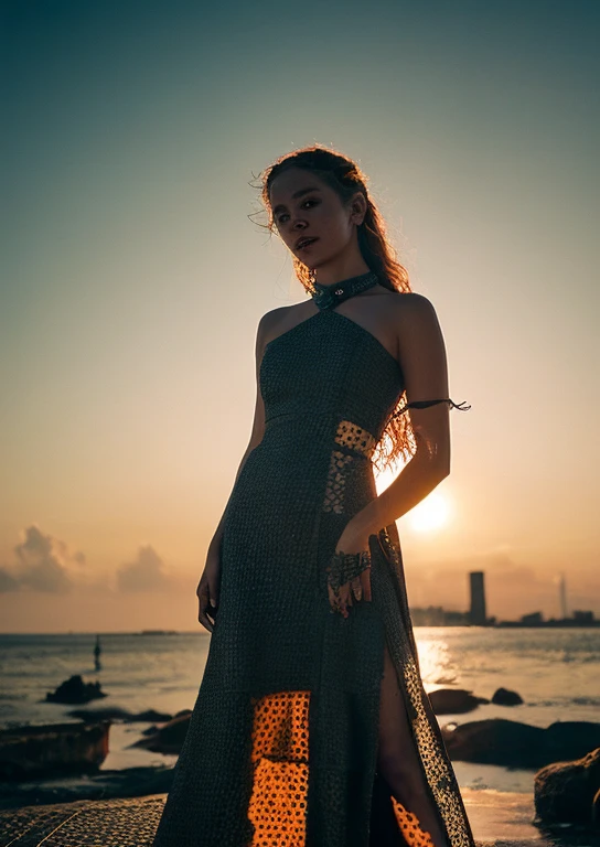 Prompt: "Daenerys Targaryen, key character from Game of Thrones, captured in a half-body digital painting, strikes a fashion pose in a short, transparent glass dress, her long curly hair cascading down her shoulders, set against a vivid, multicolored mural sprawled across a ruined, rust-colored brick wall with piercing holes as a perforated backdrop, backlight silhouette, striking contrast, ultra-detailed textures, cinematic lighting"
