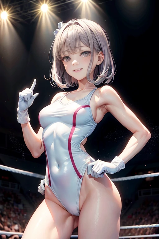 A pretty girl with perfect figure,(Lori,14years,150cm), (Lori,White One Piece Swimsuit), Very small breasts,bangss,Stand in the ring of professional wrestling,extremely detailed face and skin, Detailed eyes, Double eyelids,Pose with hands on hips,Wrestling boots,shairband,Lace gloves,Less muscle,skinny thigh,Nogizaka46,Grinning smile