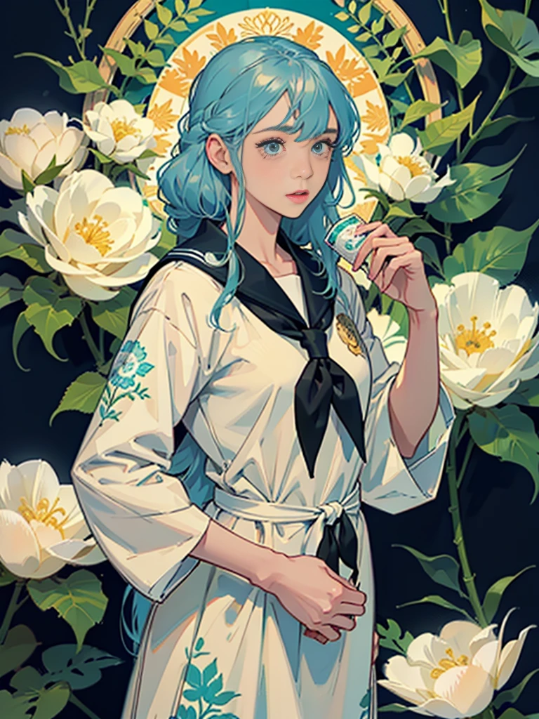 Create award-winning work, Highly detailed vector illustration of comic style wallpaper,Lots of turquoise and creamy flowers, decorated with intricate leaves.a sailor suit、beautiful a girl、high quality eyes、holding a machine gun、Beautiful nose
