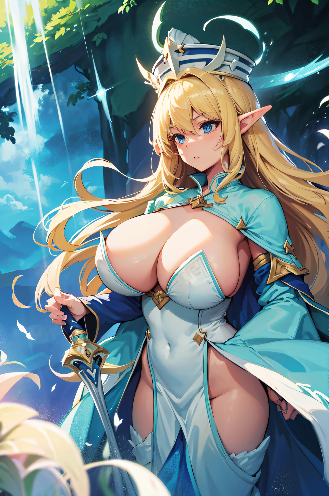 4K,hight resolution,One Woman,a blond,Longhaire,Blue eyes,Colossal tits,elvish,The brave,green and white hero&#39;s Clothes,Excalibur,sacred place