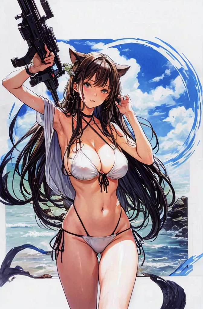 A beautiful woman with long hair is standing in a white bikini with a hostile gaze。