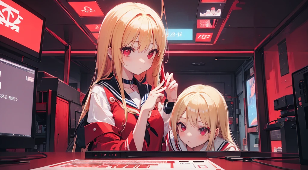 (2 girls, blonde hair, red eyes, sailor suit, kawaii), (red cyberpunk, room with big monitors, red neon)