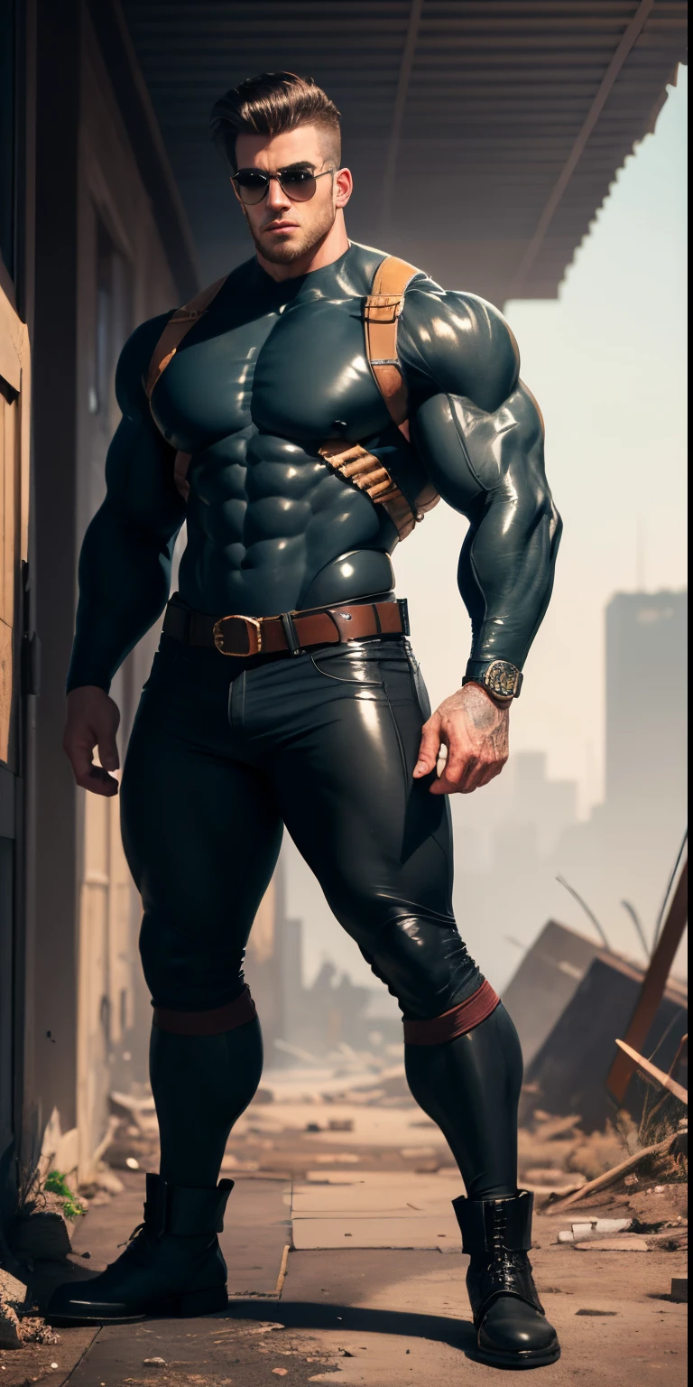 Arad man in gray, black and white clothes standing in desolate ruins, muscle male hero, Buzz cut, heroic male pose, tall and burly, muscular! Wearing black sunglasses, tall burly and strong, stealth suit, super buff and cool, high resolution committee, character design police, black military boots, attractive strong male. 8k.