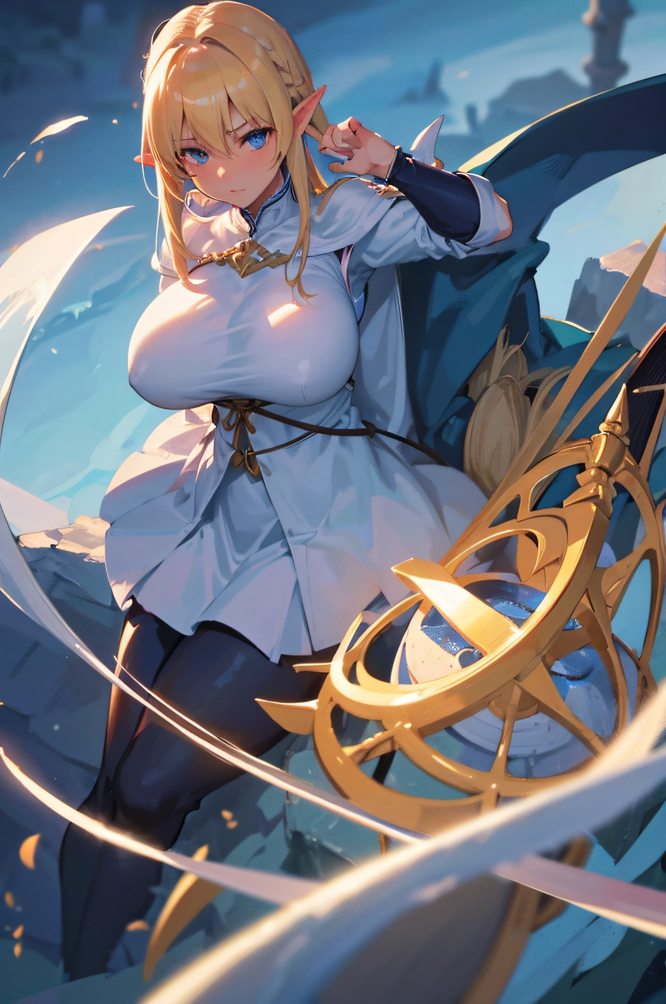 4K,hight resolution,One Woman,a blond,Longhaire,Blue eyes,Colossal tits,elvish,The brave,white hero&#39;s Clothes,Excalibur,sacred place