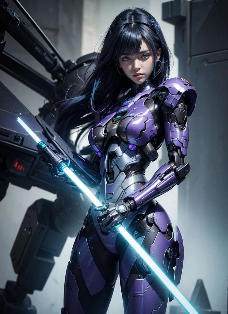 Textured skin, Super Detail, high details, High quality, Best Quality, hight resolution, 1080p, hard disk, Beautiful,(cyborgs),2 females,beautiful cyborg woman,Mecha Cyborg Girl,Battle Mode,Girl with a Mecha Body, Dark Purple and turquoise body colour, pighair hairstyle, Dark blue hair, cat headband, She wears a battle cyborg mech with a neon sword, Fulll body Shot, cracked wall background.
