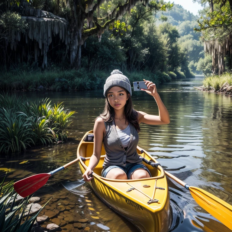 A surreal interpretation of a canoeing adventure: a woman with long brown hair, wearing a grey beanie and a sleeveless top with a grey cardigan, taking a selfie in the foreground. Behind her, a man in a yellow beanie and black T-shirt in another canoe. The setting is a psychedelic river with trees draped in vibrant Spanish moss, exuding a dreamy, Southern swamp-like environment.