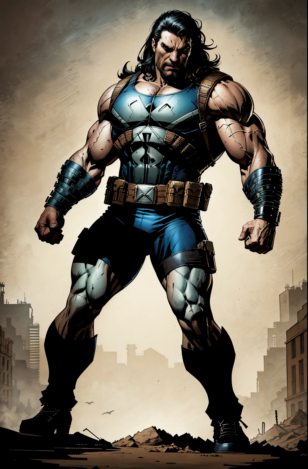 Frank Castle (The Punisher) mixed with Conan the Barbarian, (((full body view)))strong, muscular, street angry, backpack, Art by John Byrne and Jim Lee, epic realistic, photo, faded, complex stuff around, intricate background, soaking wet, neutral colors, ((((hdr)))), ((((muted colors)))), intricate scene, artstation, intricate details, vignette