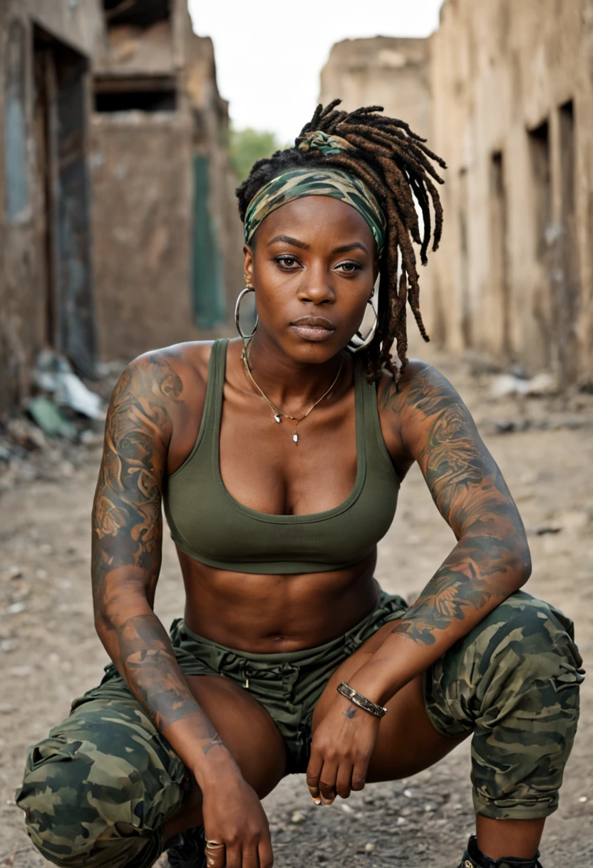 a beautiful african woman, with short dreadlock hairstyle, wearing camouflage hairband, full body, tribal tattoos,sharp focus, perfect lighting, awesome, dslr, 4k high quality. extra detail, extra sharp, magical, perfect moment, natural skin, Garbage all over the ground，abandoned city