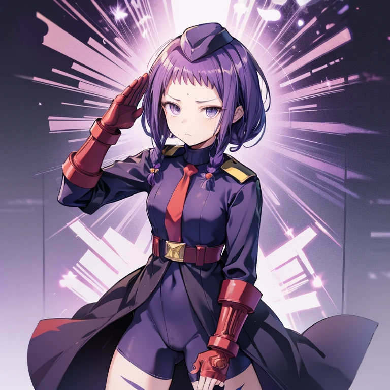 Masterpiece, Best Quality, Highly detailed, illustration, absurdres, street fighter, doll suit, shadaloo doll, nazi saluting, military, military saluting, salute, 1 girl, solo, expressionless, emotionless eyes, looking at viewer, red gloves, emotionless, black latex, corrution, zofa suit, zofa soldier, mind control, female combatant, full body, hypnotized, standing, standing at attention, unhappy trance, full body suit, belt, eagle emblem, ayase yue, negima, purple hair, purple eyes, long hair