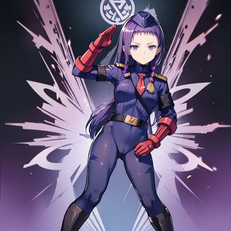 Masterpiece, Best Quality, Highly detailed, illustration, absurdres, street fighter, doll suit, shadaloo doll, nazi saluting, military, military saluting, salute, 1 girl, solo, expressionless, emotionless eyes, looking at viewer, red gloves, emotionless, black latex, corrution, zofa suit, zofa soldier, mind control, female combatant, full body, hypnotized, standing, standing at attention, unhappy trance, full body suit, belt, eagle emblem, ayase yue, negima, purple hair, purple eyes, long hair