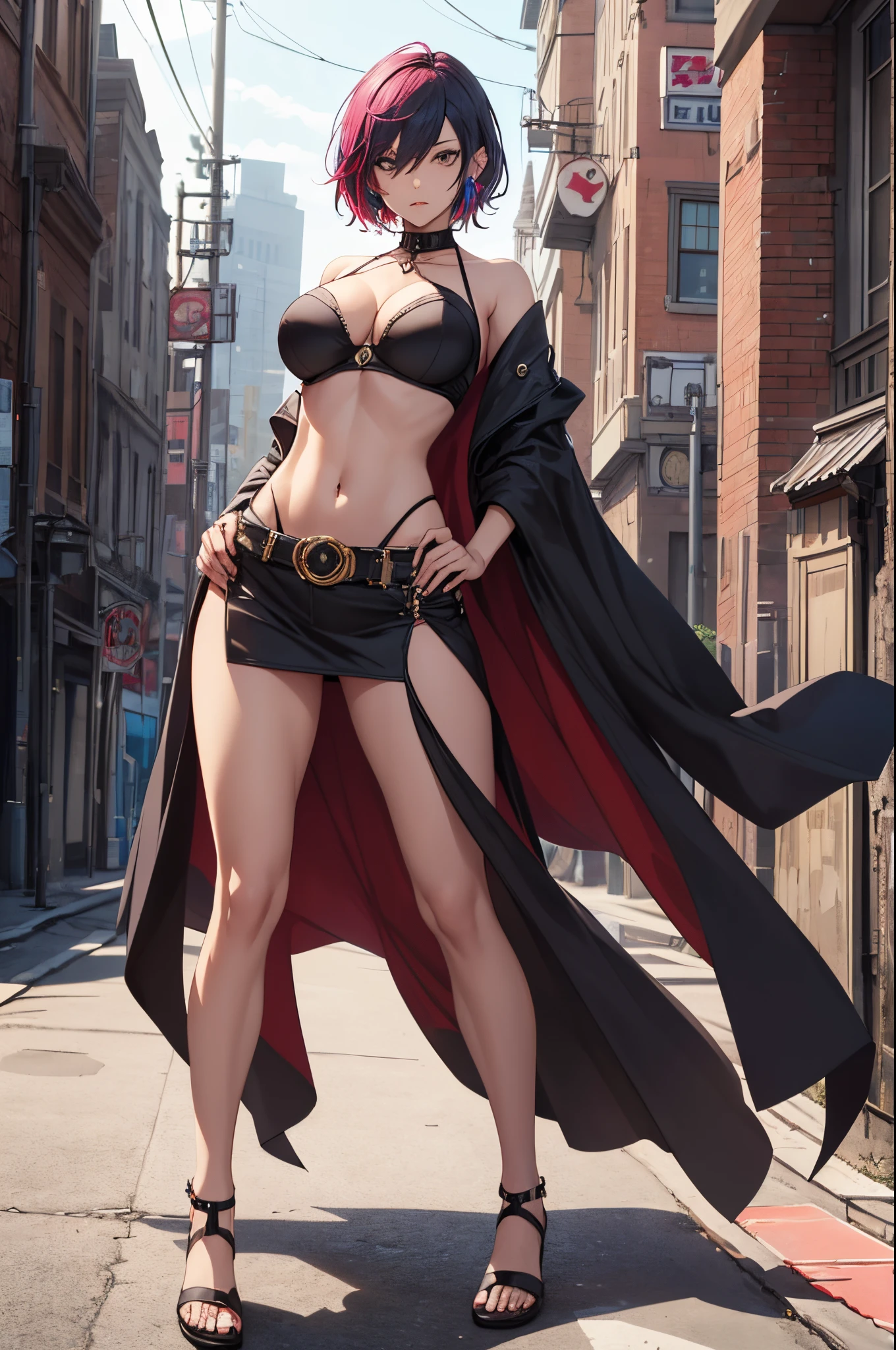 1 woman, milf, tomboy, short hair, two colored hair, wearing double slit skirt and tube top, sorceress, mage, assassin, full body, aggressive, emo, edgy woman, mysterious, scary, horror, otherworld

(Elegant body), beauty majestic, milfication, large breasts, curvaceous but thin, (midriff), navel focus, slim hips, attractive thighs, skinny legs, navel, cleavage, legs apart