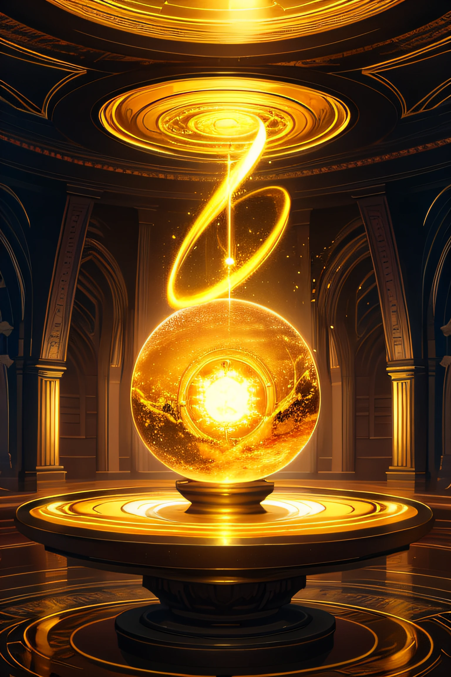 Sci-fi , round vast room of gold and glass , Natural elements , magic floating through the air , colorful elements , high details , realistic