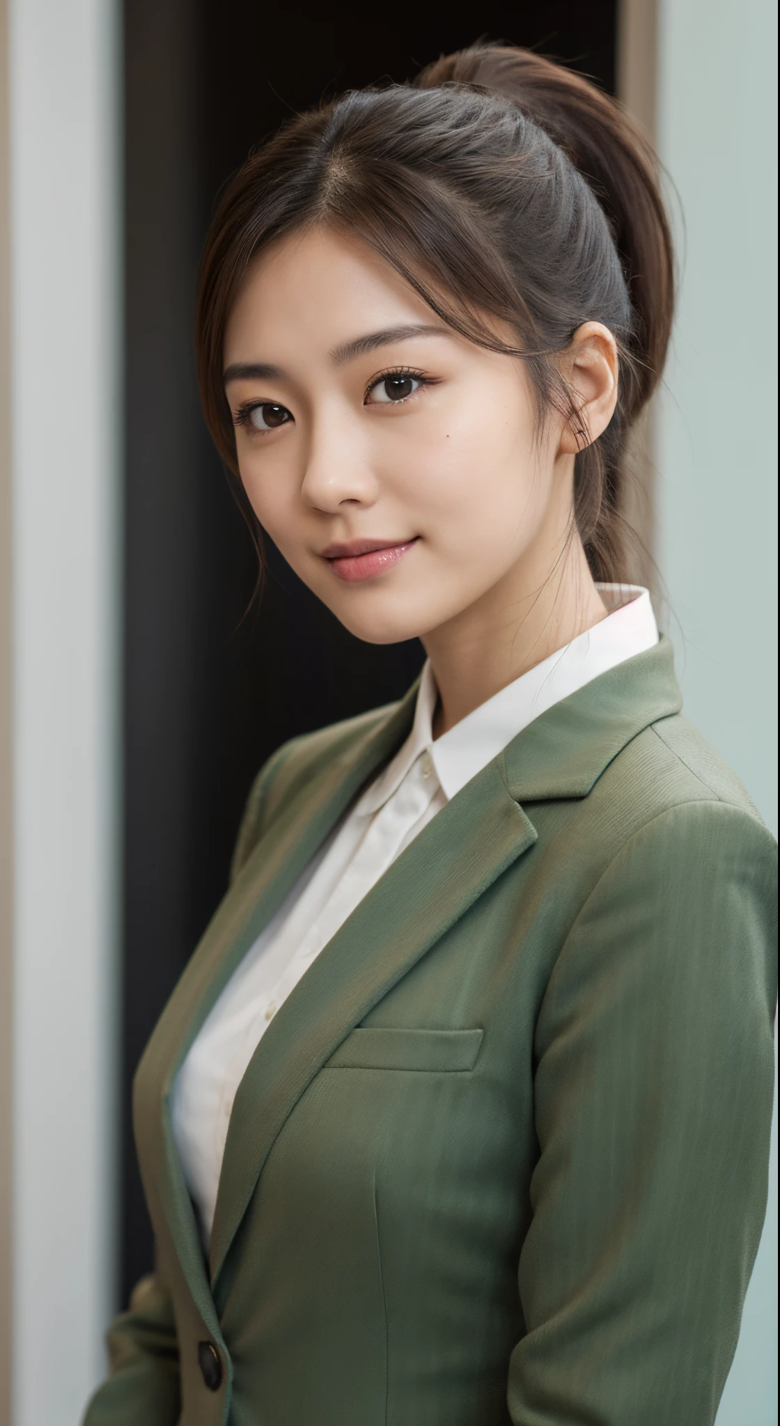 High Resolution, UHD, Anatomically correct, Depth of field, Lower angle shoot, Textured skin, 25 years old Japanese woman, Brown Short ponytail hair, Light smile, mole under eye, White skin, Dark green office suit, Standing pose.