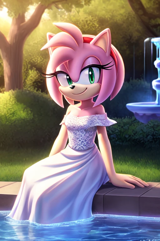 Amy Rose, Bare Shoulders, Strapless White Dress, White Lace Off-shoulder top, White Ruffle Off-the-Shoulder Top, White Long Skirt, Smile, Garden Background, water fountain, 2D flat, 2D artwork, daylight.