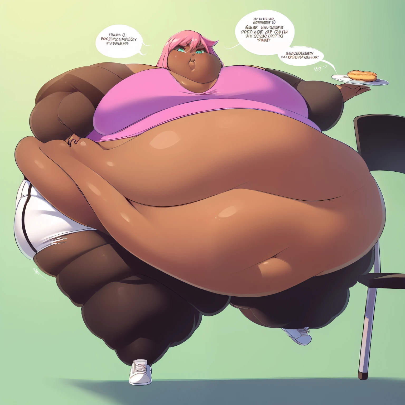 ((High quality:2.0)), High Aesthetic, (masterpiece) ,((Well drawn face))morbidly obese, dark skinned , (Femboy) . pop idol ,with long Multicolored hair that White with Hot pink Streaks, Wearing White Jacket half ,a pink Crop top and White shorts,with food smeared on his face breaking a chair under his heavy weight,WeightObese