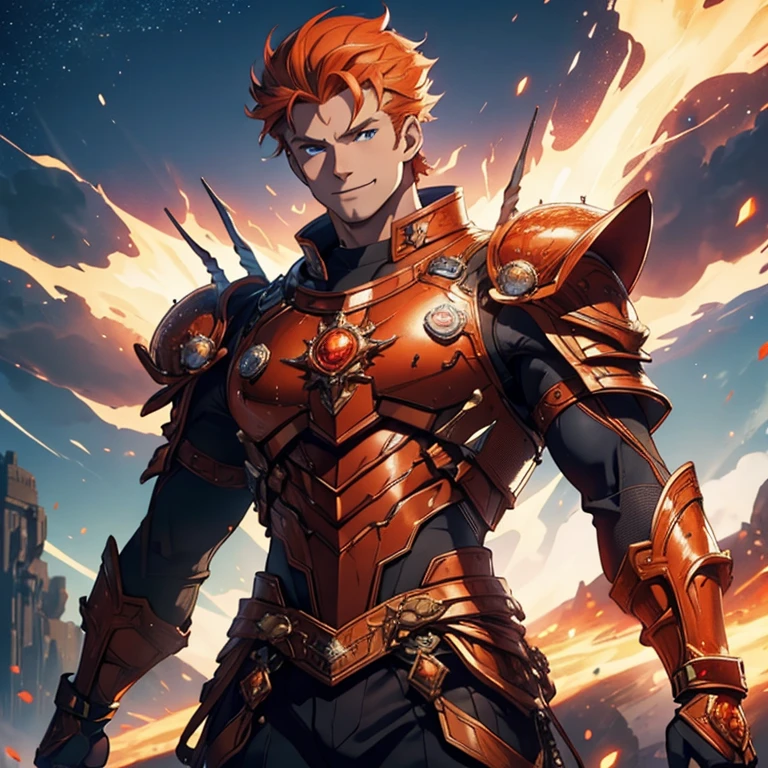 Master piece, 8k, ultra detailed, red armor, fire opal encrusted, tall man, muscular man, orange hair, blue eyes, confident smile, vulcanic eruption and blue lightnings blue lights background