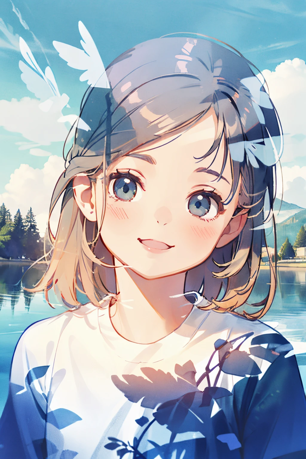 Amazingly realistic smiling girl image, Her clothes blend into the dreamy lakeside background, Further enhanced by mesmerizing multiple exposure effects.