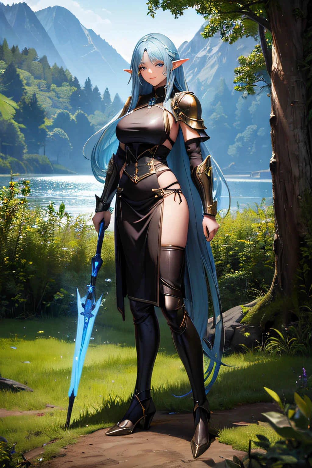 close up shot of a woman in a silver and blue dress, silver armor, large breasts, cleavage, chengwei pan on artstation, by Yang J, detailed fantasy art, stunning character art, muscular body, exposed midriff