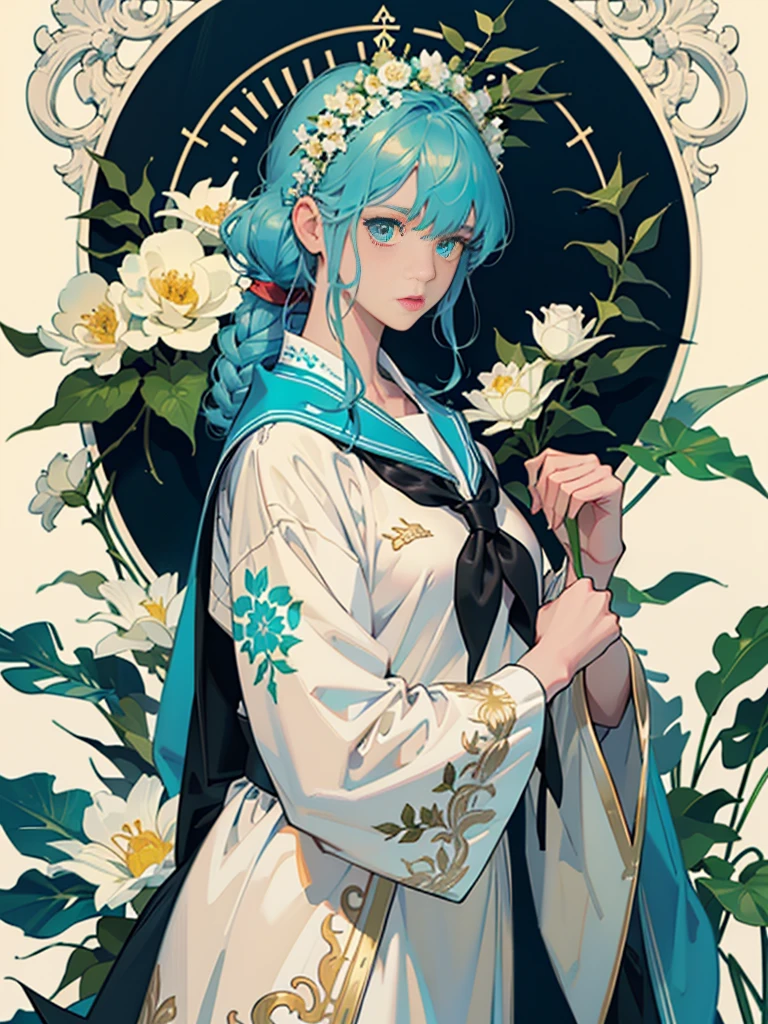 Create award-winning work, Highly detailed vector illustration of comic style wallpaper,Lots of turquoise and creamy flowers, decorated with intricate leaves.a sailor suit、beautiful a girl、high quality eyes、holding a machine gun、Beautiful nasal muscles