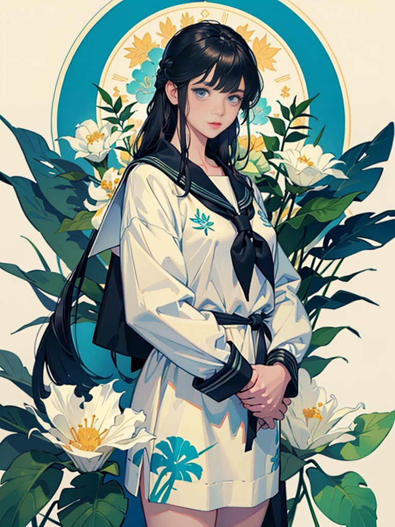 Create award-winning work, Highly detailed vector illustration of comic style wallpaper,Lots of turquoise and creamy flowers, decorated with intricate leaves.a sailor suit、beautiful a girl、high quality eyes、holding a machine gun、Beautiful nasal muscles