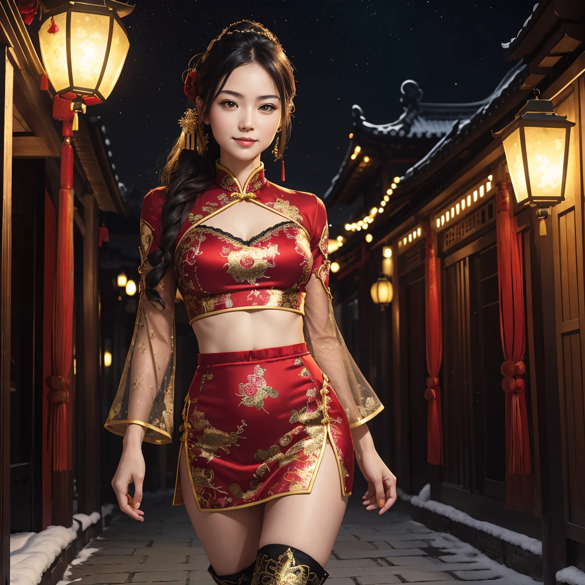 (HDR,16k, RAW portrait of a beautiful girl, best quality, masterpiece:1.2),
(super fine illustration),(realistic), (highly detailed skin), (ultra-high resolution),1girl, solo, walking, young, long black hair, red highlights, high bun hairstyle, hair accessories, emerald green eyes, almond-shaped eyes, smiling, modest bust, china dress in front of navel, midriff, navel cut out, red and gold dress, floral patterns, lace trim, sheer sleeves, black and gold boots, holding lantern, snowflakes, Christmas lights, evening, cobblestone street, traditional Chinese buildings, glowing lanterns, festive decorations, starry sky, full moon, winter atmosphere, painterly style,
