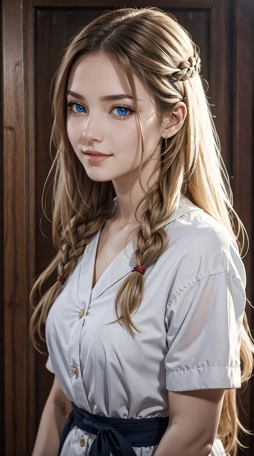 25-year-old Caucasian woman、bionde、blue eyess、Longhaire、I use a hair band to tie my hair together、a smile、