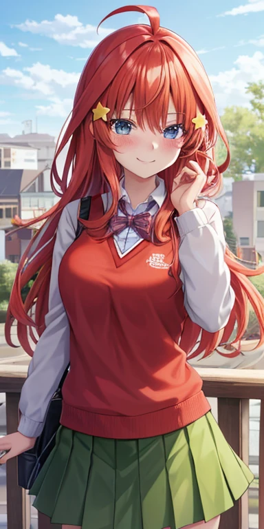2D, masutepiece, Best Quality, Anime, Highly detailed, 1girl in, Solo, Cowboy Shot, Itsuki Nakano, Red hair, Long hair, Star hair ornament, Ahoge, Red Sweater, Collared shirt, Green skirt, Miniskirt, medium breasts, Standing, School, Outdoors, Smile, blush, embarrassed,skirt lift by yourself,pigeon-toed,