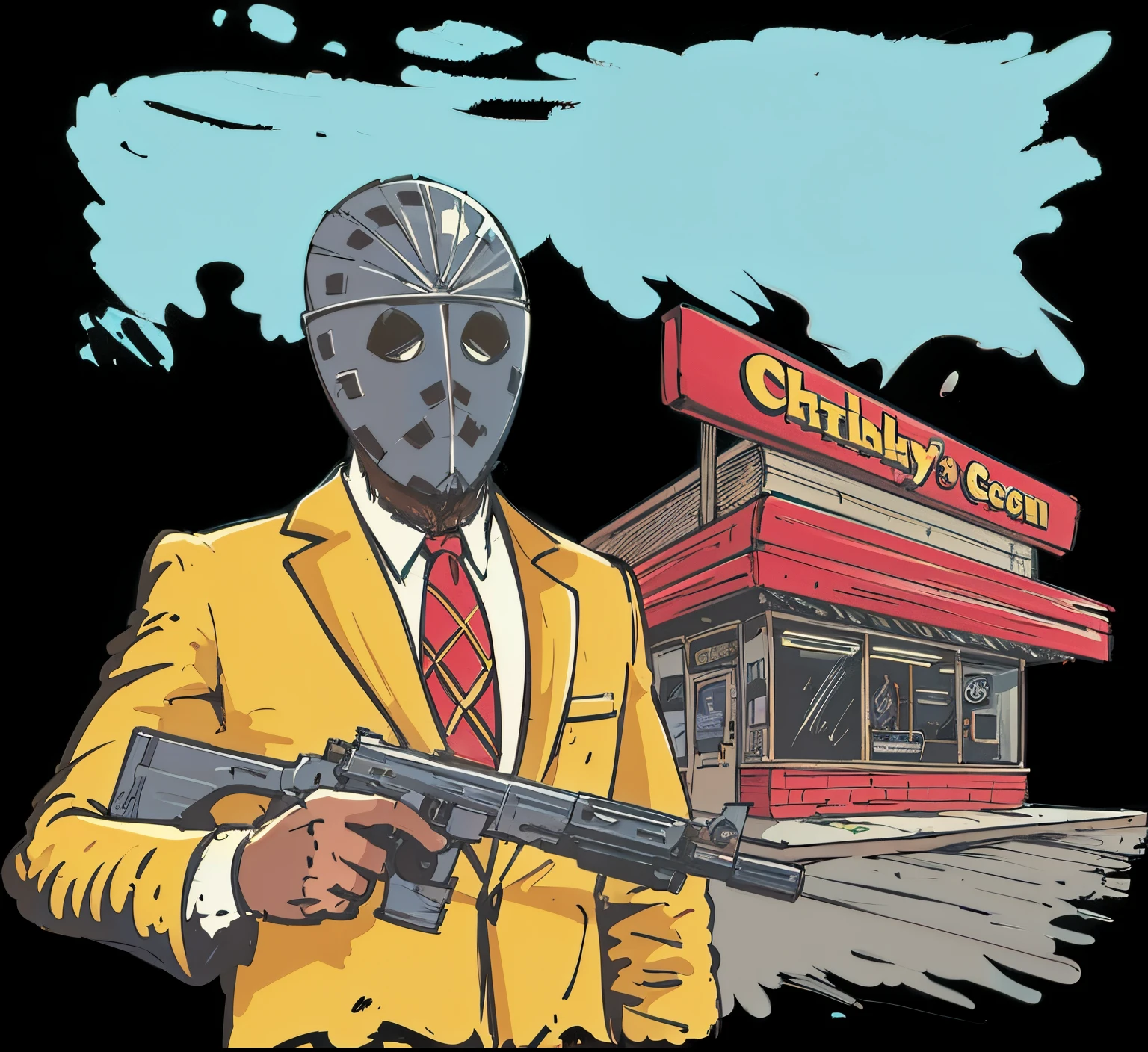 a cartoon of a man in a suit holding a gun, from hotline miami, gta art style, in the style of clint cearley, style of gta v artworks, gta chinatowon art style, art gta 5 comics, gta art, gta vice city style art, gta artstyle, in style of cory loftis, hotline miami