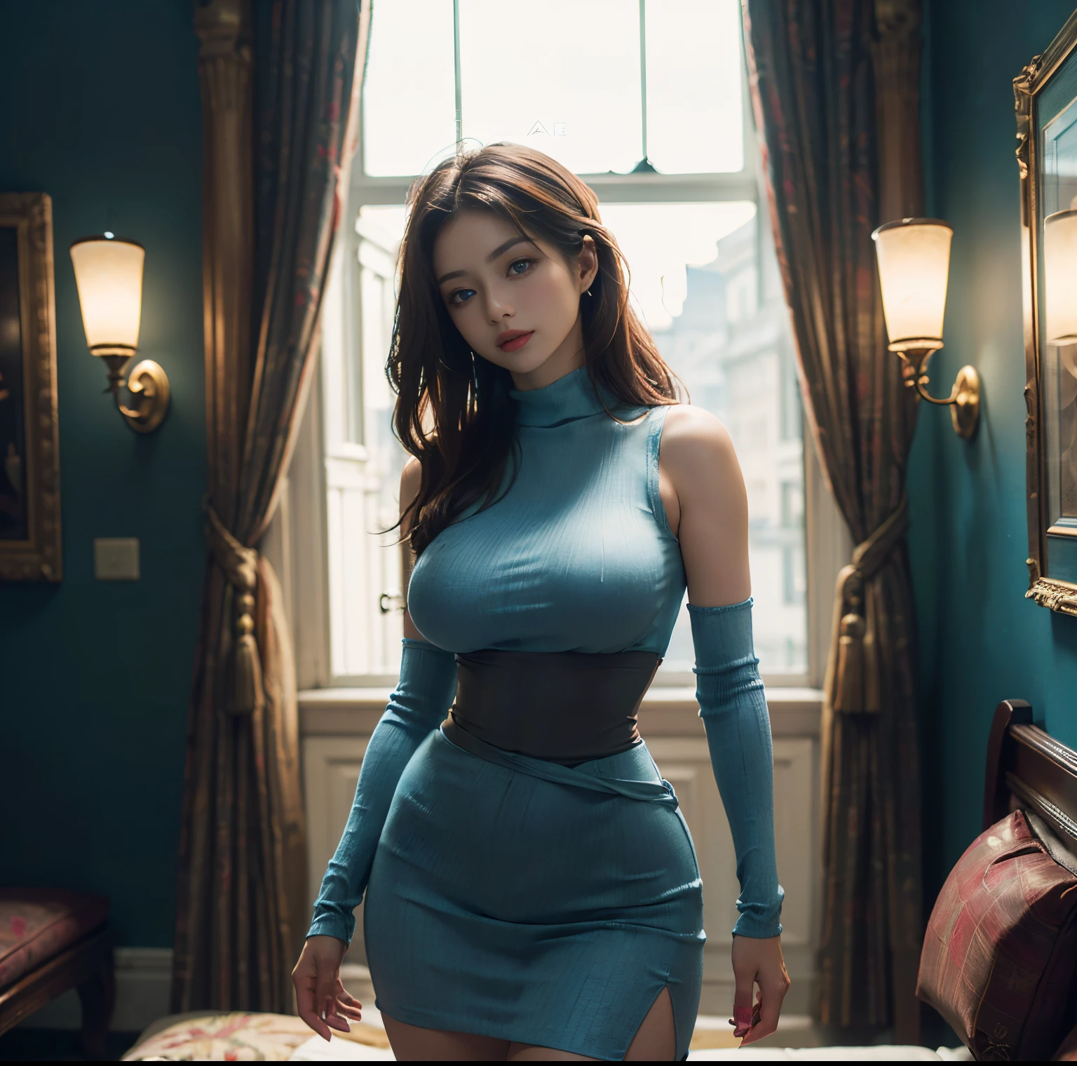 top-quality, 8K picture quality, masterpiece, (Professional lighting without shadows), (Two women in love), (Perfect body and firm big breasts:1.3), Bright whitening skin, (Bright and beautiful blue eyes with plump red tear bags reflect a lot of light.:1.2)、 Bright colored sleeveless turtleneck dress micro mini, (No skin is exposed on the upper body except for the arms.:1.4), (She turns to me and shows off her big firm breasts over her clothes.), (beautiful thighs and slim waist:1.3), (Standing like a model), (From the knee up;1.4)