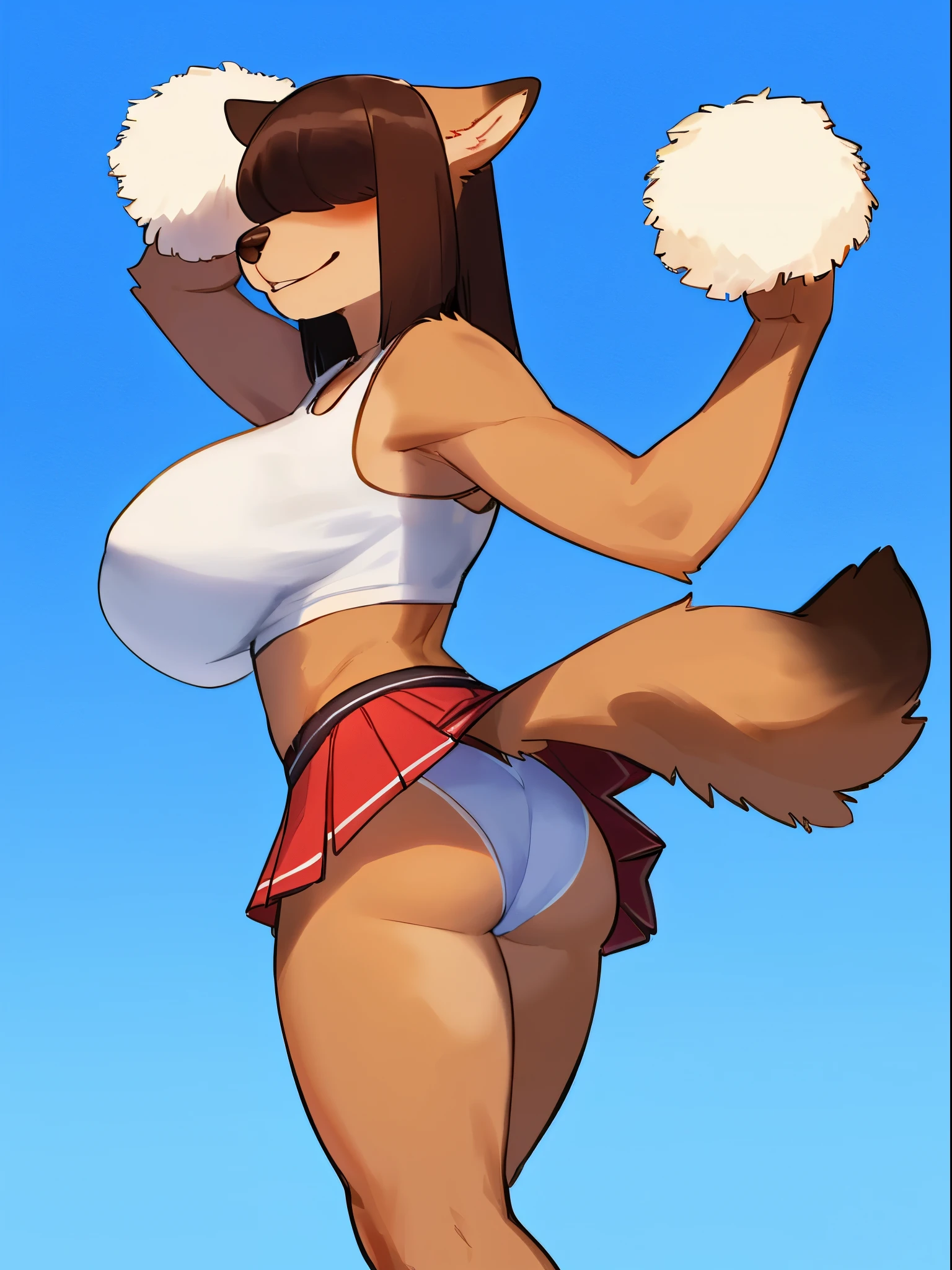 By bebebebebe, by lostgoose, by goonie-san, female, ((canine, snout, hair covering eyes, straight hair, medium hair, flat hair, ears, thin snout)), brown fur, big poofy tail, raised tail, dark maroon hair, (muscular, big breasts), solo, standing, upskirt viw, view from behind, looking over shoulder, smiling, happy, panties, view of butt, focus on butt, ((cheerleading outfit, skirt, shirt skirt))