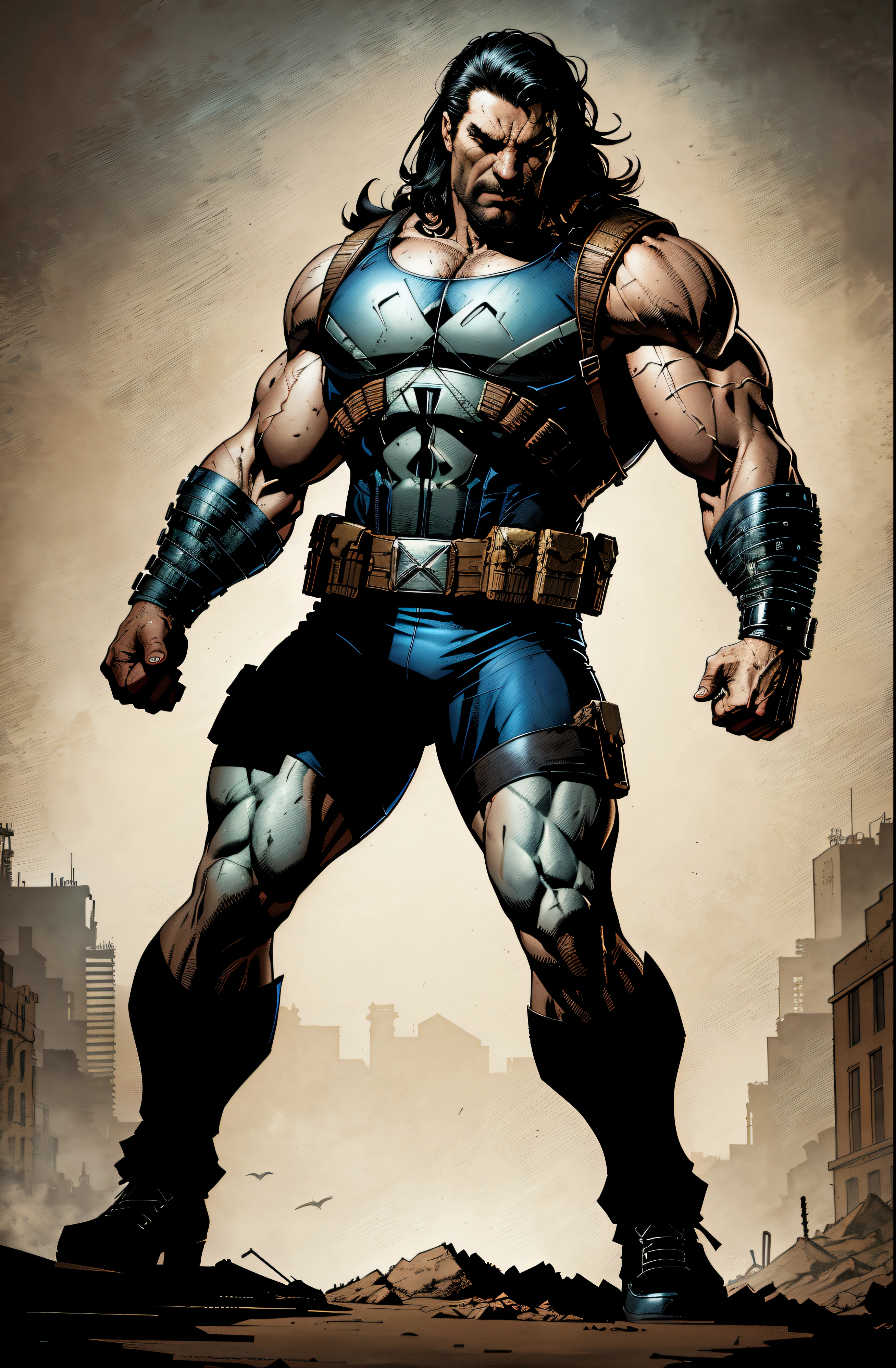 Castillo de Frank (El castigador) mixed with Conan the Barbarian, (((Vista de cuerpo completo)))fuerte, muscular, Calle enojada, mochila, Illustration by John Byrne and Jim Lee, epic realistic, Foto, descolorido, Cosas complejas alrededor, Fondo intrincado, Empapado, Colores neutros, ((((HDR)))), ((((colores apagados)))), escena intrincada, Artstation, Detalles intrincados, vignette